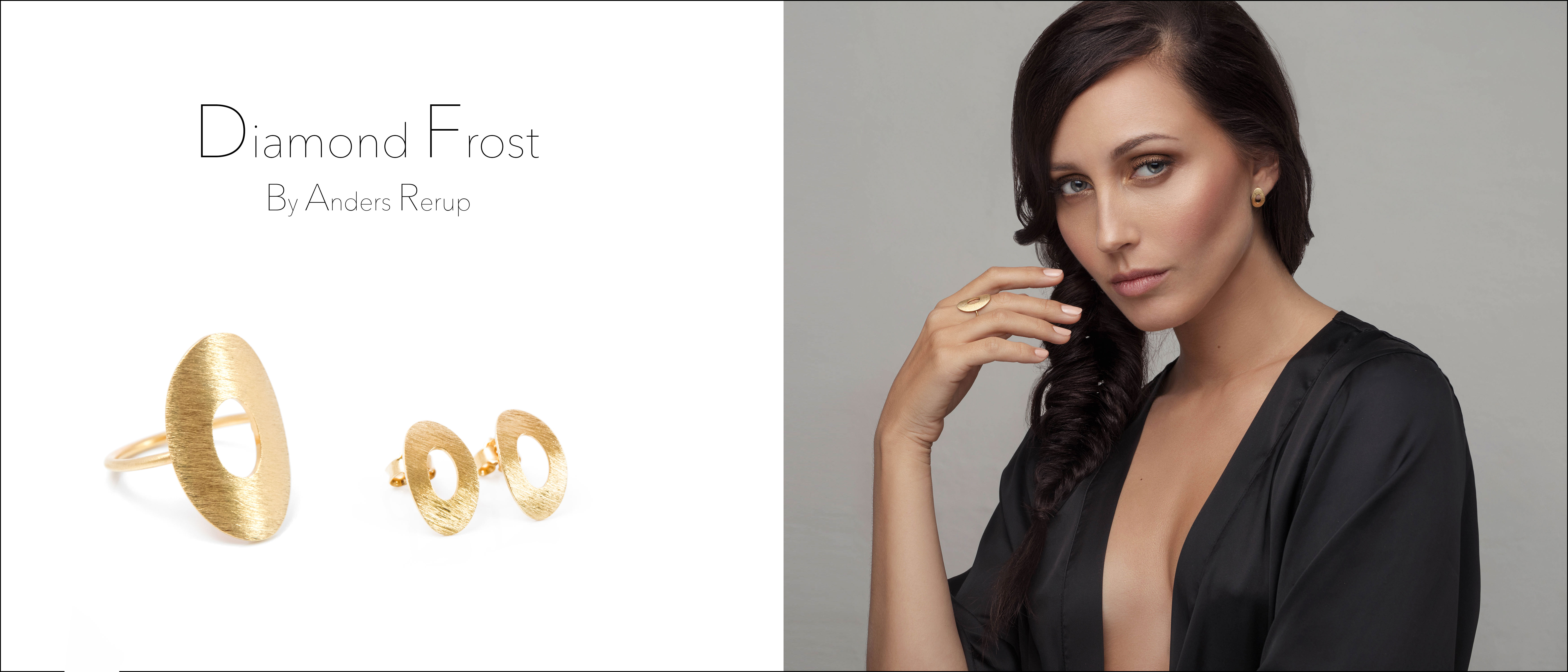 Diamant frost smykker med buet form, i sterling sølv, oxyderet, forgyldt og i 14 karat guld.